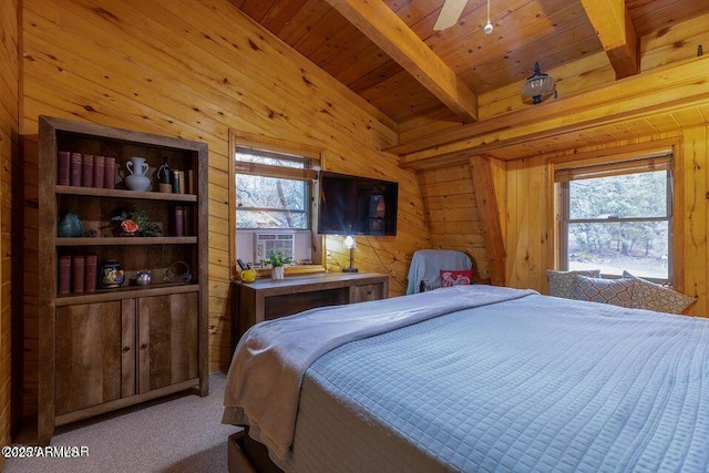 4893 W Big Pine Dr, Lakeside, AZ 85929 - carpeted bedroom with wooden walls, multiple windows, wooden ceiling, and lofted ceiling with beams