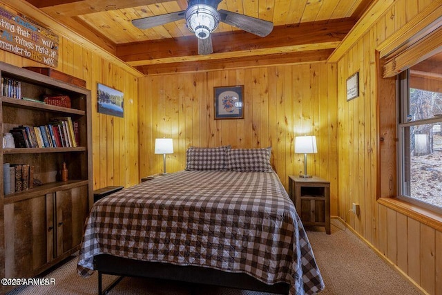4893 W Big Pine Dr, Lakeside, AZ 85929 - bedroom featuring beamed ceiling, a ceiling fan, wooden ceiling, carpet flooring, and wooden walls