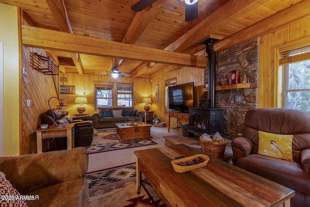 4893 W Big Pine Dr, Lakeside, AZ 85929 - living room with wooden walls, a wood stove, a ceiling fan, and wooden ceiling