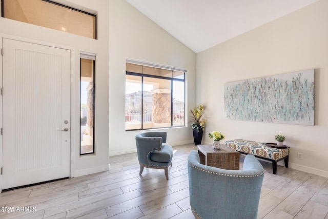 foyer with high vaulted ceiling and light wood-type flooring