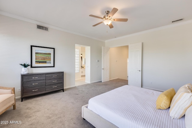 bedroom featuring ceiling fan, ensuite bath, ornamental molding, and light carpet