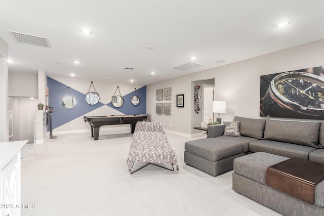 carpeted living area with baseboards, billiards, visible vents, and recessed lighting