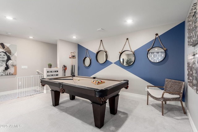 game room featuring baseboards, billiards, carpet, and recessed lighting