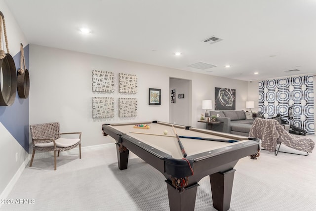 playroom featuring light colored carpet, baseboards, visible vents, and recessed lighting