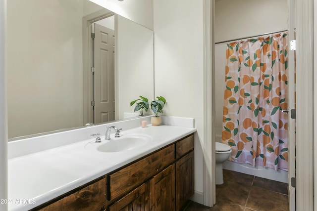 full bathroom with tile patterned floors, shower / bath combination with curtain, toilet, and vanity