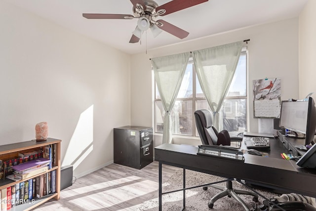 office area featuring ceiling fan and light wood-type flooring