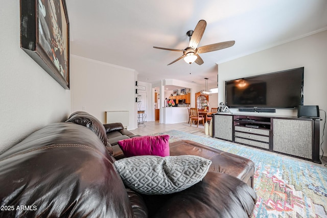 living area featuring a ceiling fan and crown molding