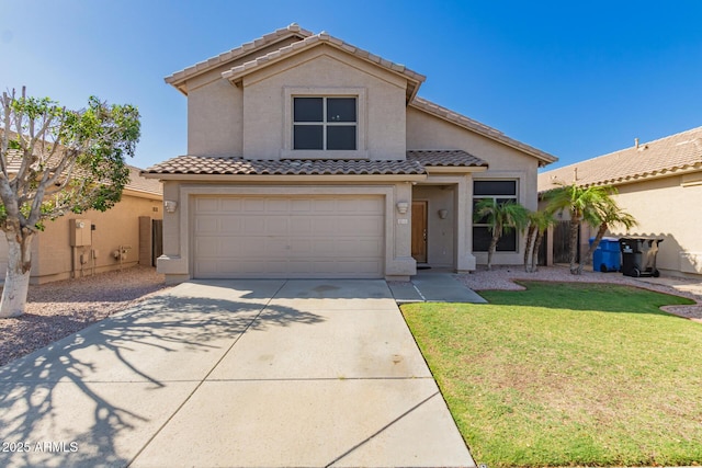 view of front facade with a tiled roof, a garage, stucco siding, a front lawn, and concrete driveway