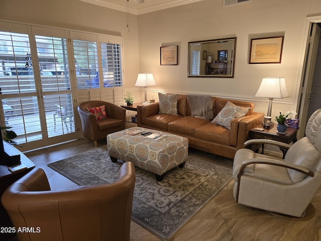 tiled living room featuring ornamental molding