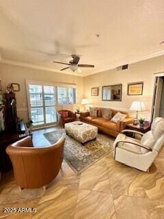 living room featuring ornamental molding and ceiling fan