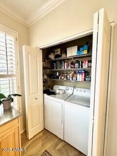 laundry area featuring ornamental molding, light hardwood / wood-style floors, and washing machine and dryer