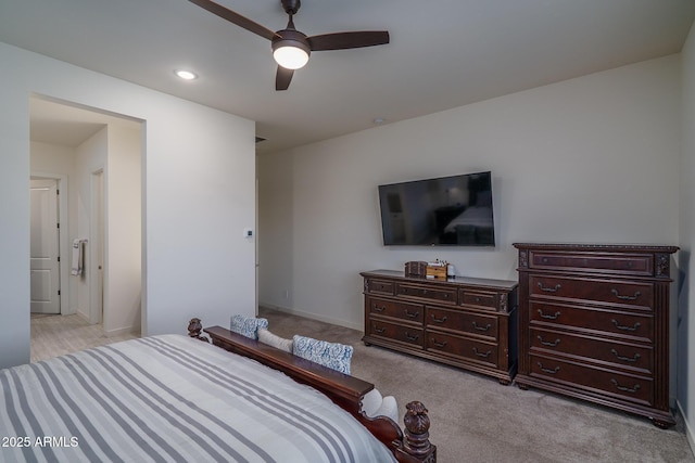 bedroom featuring ceiling fan, recessed lighting, baseboards, and light carpet