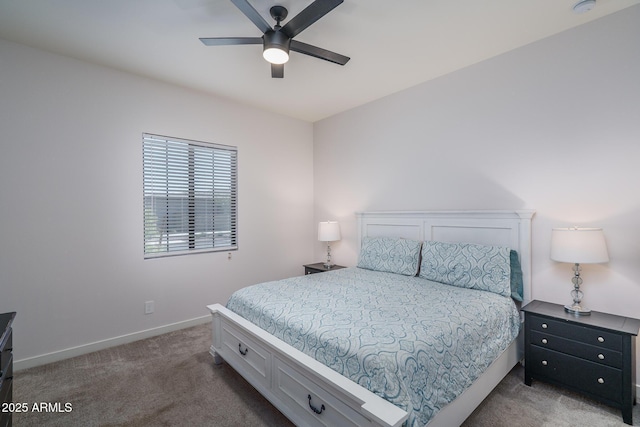 bedroom with carpet flooring, baseboards, and ceiling fan