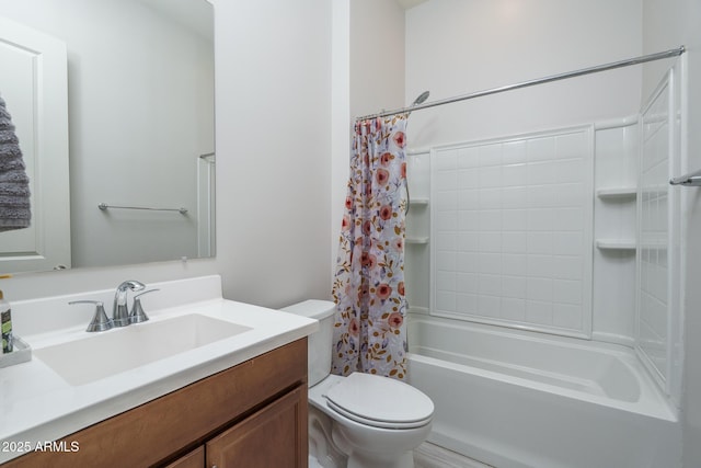 bathroom with shower / bathtub combination with curtain, toilet, and vanity