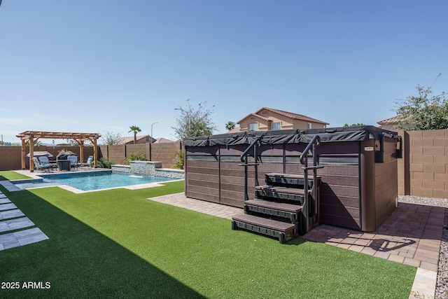 view of yard with a fenced in pool, a patio area, a fenced backyard, and a pergola
