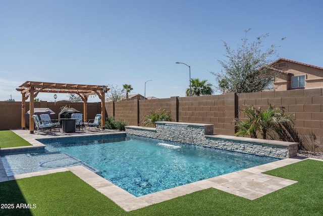 view of swimming pool with a fenced backyard, a fenced in pool, a pergola, and a patio