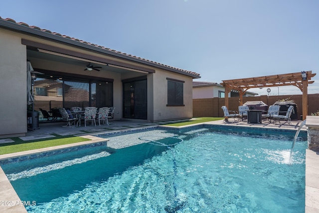 view of pool with a ceiling fan, a patio, fence, and a pergola