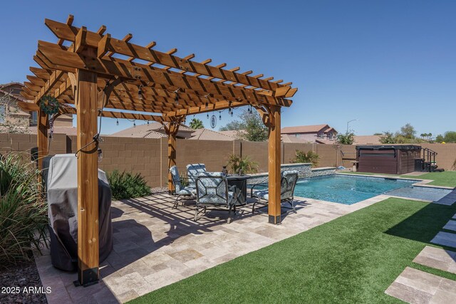 view of swimming pool with a fenced backyard, a fenced in pool, a pergola, and a patio