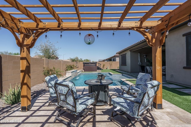 view of swimming pool with a patio area, a fenced in pool, a fenced backyard, and a pergola