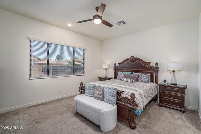 carpeted bedroom featuring recessed lighting, visible vents, baseboards, and ceiling fan