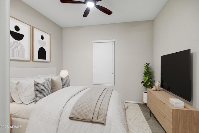 carpeted bedroom with baseboards and a ceiling fan