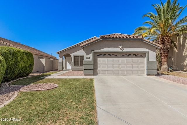 mediterranean / spanish house with a tile roof, a front lawn, concrete driveway, an attached garage, and stucco siding