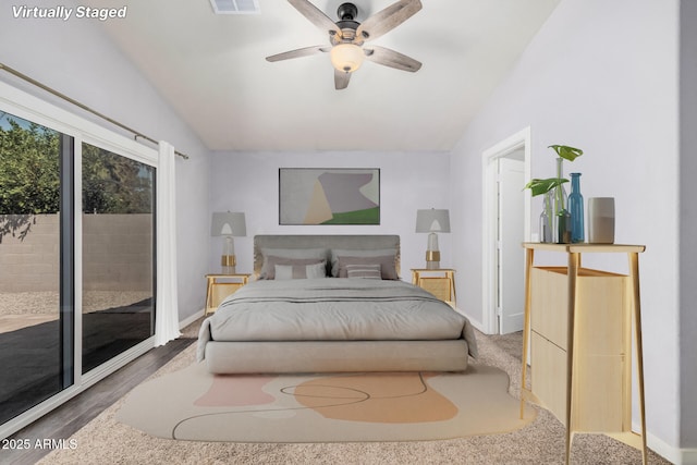 bedroom with visible vents, baseboards, ceiling fan, access to outside, and vaulted ceiling