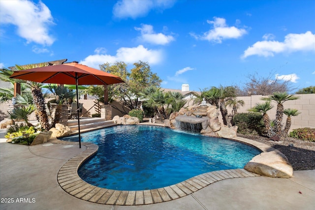 view of pool with a fenced backyard, a fenced in pool, and a patio