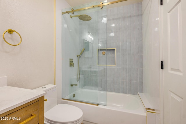 full bathroom with toilet, vanity, and enclosed tub / shower combo