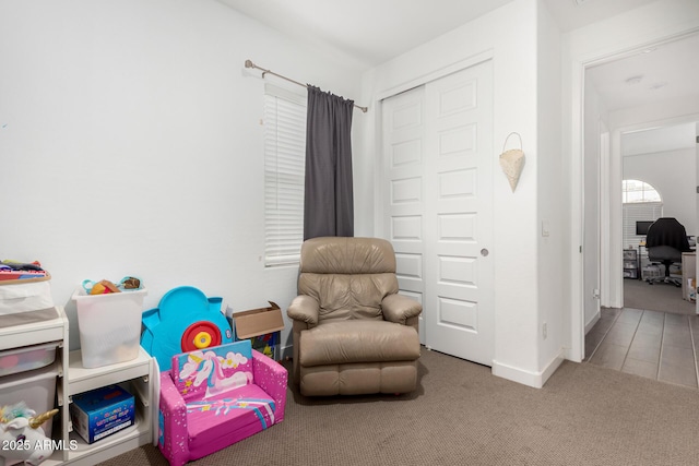 living area featuring baseboards and carpet