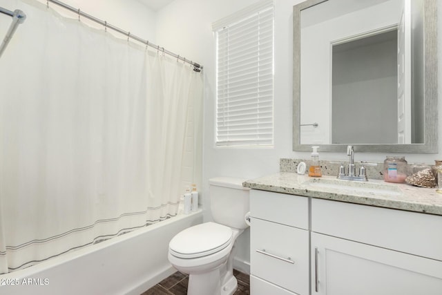 bathroom featuring vanity, shower / bath combination with curtain, toilet, and wood finished floors