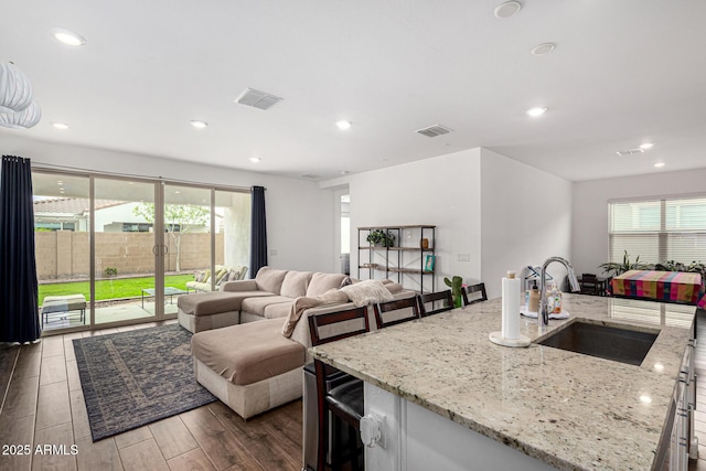 kitchen featuring wood finished floors, visible vents, a sink, open floor plan, and a wealth of natural light