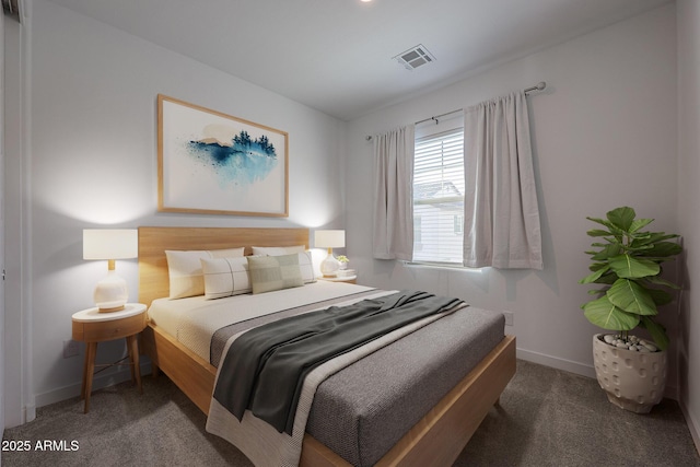 bedroom featuring dark carpet