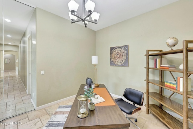 3531 E Norwood Cir, Mesa, AZ 85213 - office space featuring arched walkways, a chandelier, stone tile flooring, baseboards, and recessed lighting