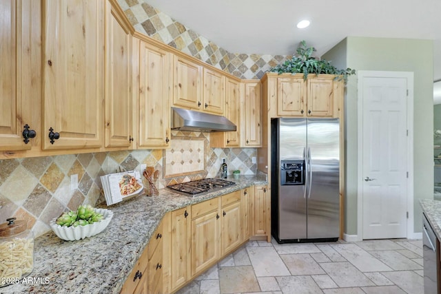3531 E Norwood Cir, Mesa, AZ 85213 - kitchen with stainless steel appliances, under cabinet range hood, light brown cabinetry, light stone counters, and recessed lighting