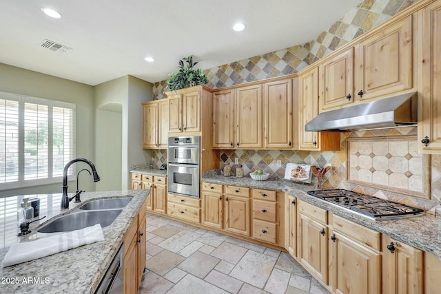 3531 E Norwood Cir, Mesa, AZ 85213 - kitchen with under cabinet range hood, a sink, appliances with stainless steel finishes, backsplash, and recessed lighting