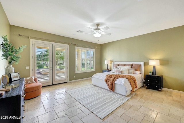 3531 E Norwood Cir, Mesa, AZ 85213 - bedroom featuring stone tile flooring, access to outside, baseboards, and ceiling fan