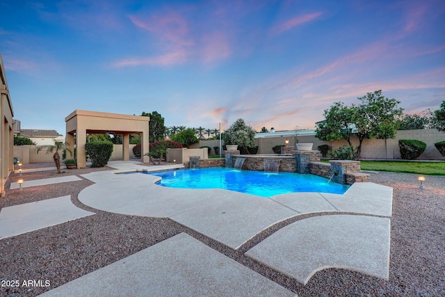 3531 E Norwood Cir, Mesa, AZ 85213 - pool at dusk with area for grilling, a patio, a fenced backyard, and a gazebo