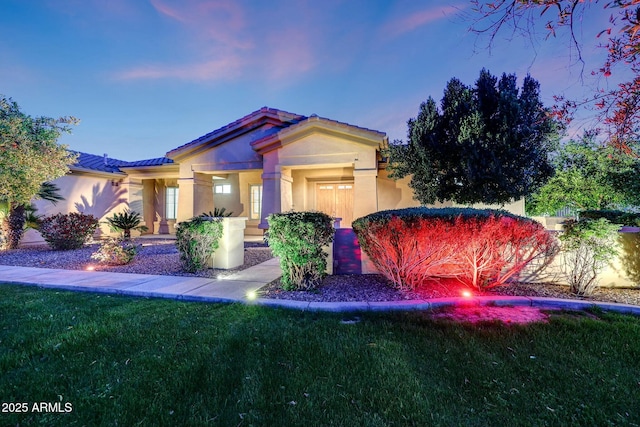 3531 E Norwood Cir, Mesa, AZ 85213 - view of front of house with stucco siding, a tiled roof, and a lawn