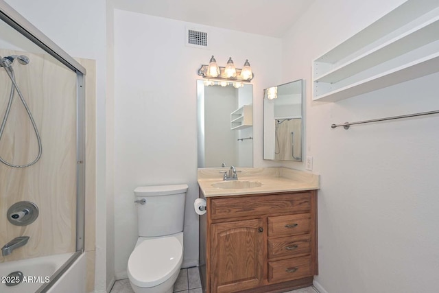 full bathroom featuring shower / washtub combination, visible vents, vanity, and toilet