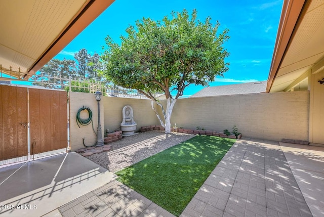 view of yard with a patio area, a fenced backyard, and a gate