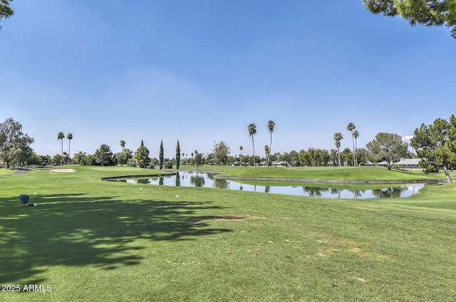 view of property's community with a water view and a yard