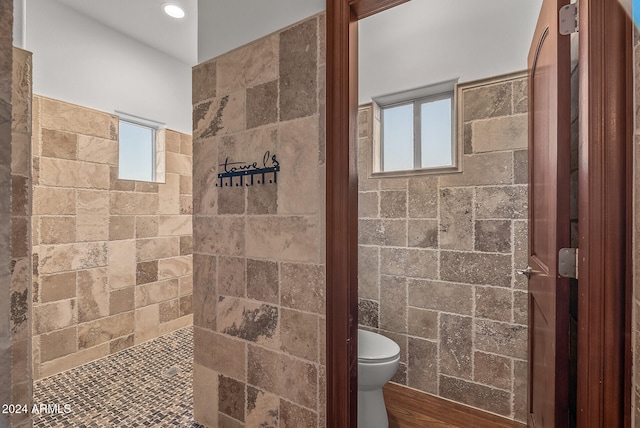 bathroom with a healthy amount of sunlight, tiled shower, and toilet