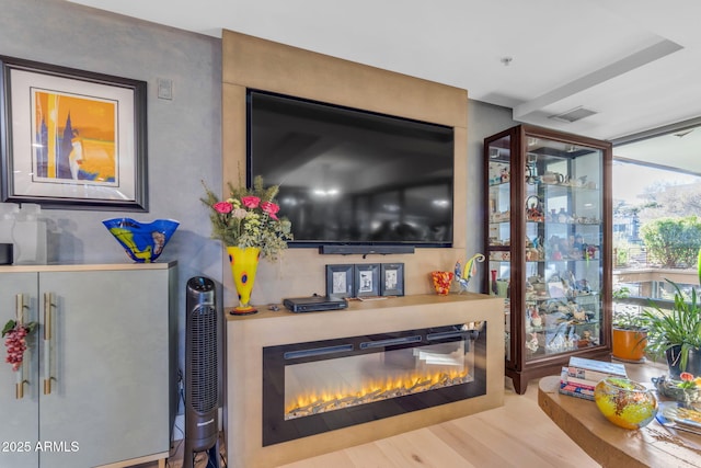 living room featuring a large fireplace and wood-type flooring