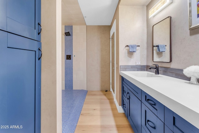 bathroom with vanity and wood-type flooring