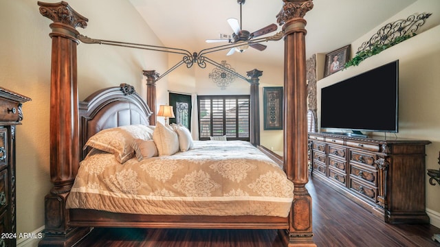 bedroom with lofted ceiling, ceiling fan, and dark hardwood / wood-style floors