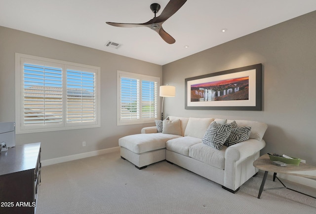 living room with a ceiling fan, baseboards, carpet floors, and recessed lighting