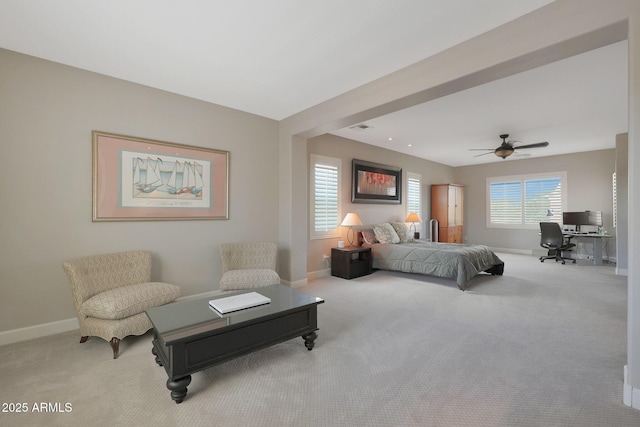 bedroom with carpet flooring, baseboards, an office area, and ceiling fan