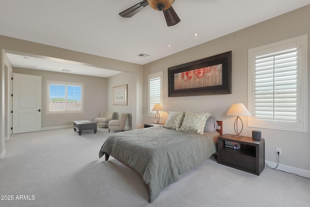 bedroom featuring carpet flooring, baseboards, and a ceiling fan