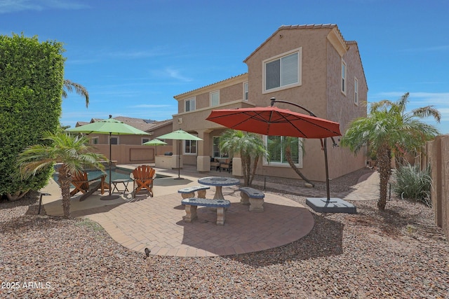 rear view of house featuring stucco siding, a patio, and a fenced backyard